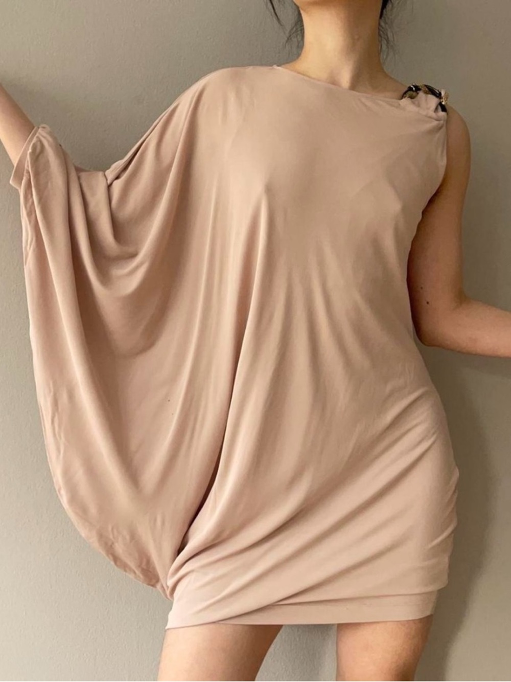 Roberto Cavalli Asymmetrical Drop Waist Nude Draped Mini Dress XS-S